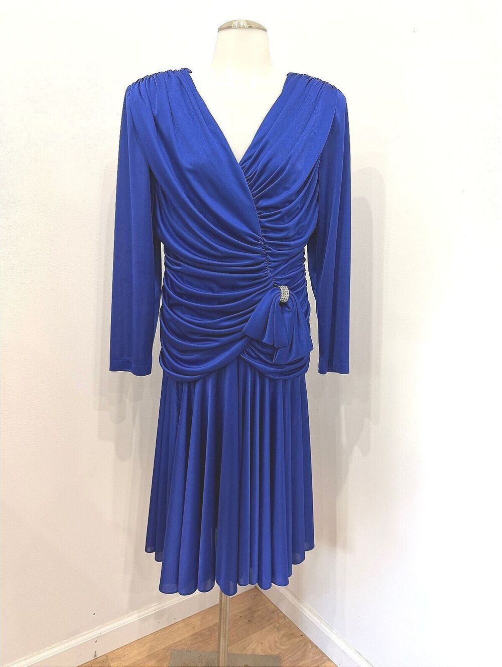 Vintage 80s David Rose Royal Blue Ruched Midi Dress, Made in USA, Size 12